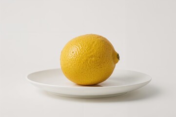 Entire lemon placed on a pale dish, displayed horizontally