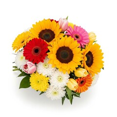 Fototapeta premium Flower bouquet – floral bouquet with sunflowers, gerbera daisies, and tulips for joyful occasions isolated on white background