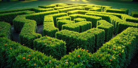 Sun-Dappled Summer Hedge Maze A Captivating Intricate Pattern of Sunlight and Shadow, Perfect for Puzzles, Escape Games, and Summer-Themed Designs.