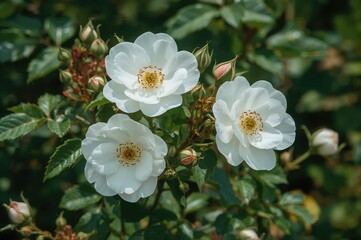 Obraz premium White wild rose blossoms alongside fresh green buds and developing fruits