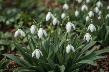 Snowy white spring flowers with a lush green background