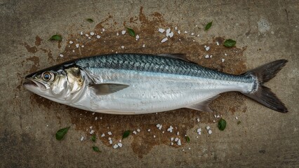 Complete raw mackerel fish sprinkled with sea salt placed on a flat area, wholesome food