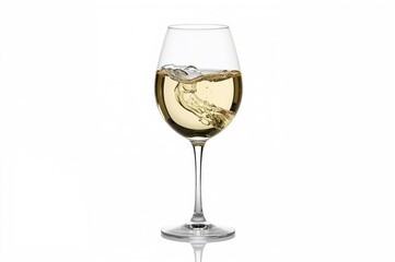 Goblet filled with white wine being swirled against a white backdrop with reflections