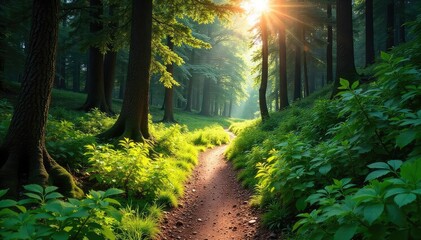 Obraz premium Sunlit Hiking Trail Winding Through Lush Green Forest Perfect for Adventure, Nature, and Travel Photography