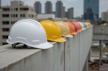 Various colored safety helmets worn by engineers and workers on construction site walls