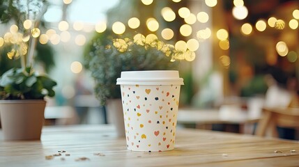 Paper coffee cup on a table outdoors, blurred background of plants and lights