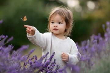Child pointing to butterfly among lavender in the garden Generative AI