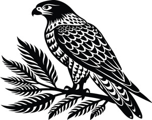 Fototapeta premium Black and white silhouette of a falcon perched on a branch.