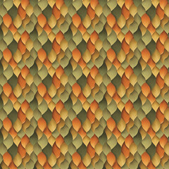 Abstract autumn inspired seamless pattern with overlapping leaf silhouettes in a modern decorative style, blending gradients of rust, mustard, and soft olive tones, ideal for textiles, wallpaper.