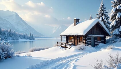 Naklejka premium Rustic Winter Cabin by Frozen Lake A Peaceful Snow-Covered Scene Perfect for Holiday Cards, Winter Wonderland Themes, and Nature Photography Projects.