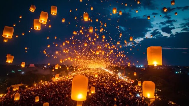 Sky Lantern Festival: Crowd Releases Glowing Lanterns into Night Sky