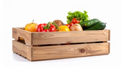 _Empty wooden box on white background. Isolated object. A box of vegetables and fruits