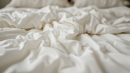 Macro shot of a soft, rumpled white sheet with visible fabric folds