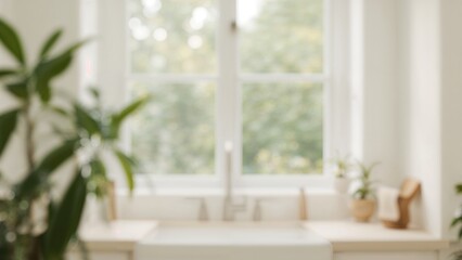 Fototapeta premium Banner set against a kitchen window with white and green tones