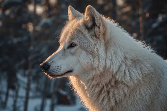 Close-up side view of a white wolf against a glowing sunset backdrop