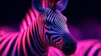 Striking neon portrait of a zebra immersed in intense pink and blue light photo
