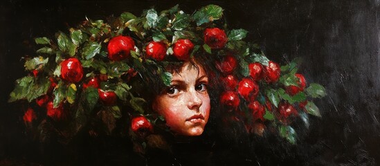 Portrait of a girl with apples painted in the style of renaissance art