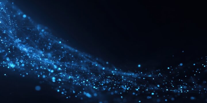 Minimalist digital design in deep blue tones, scattered small particles resembling atoms

