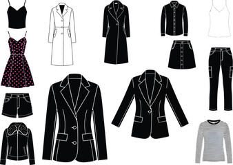 Collection of stylish black and white fashion outfits and clothing items displayed against a white background