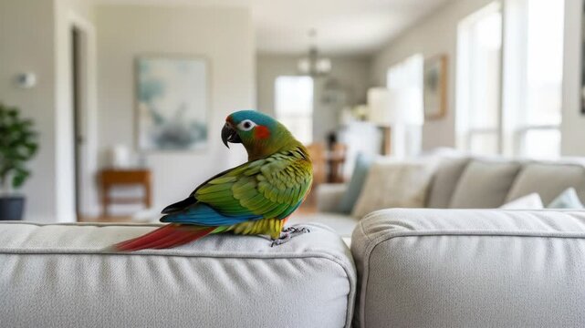 Aratinga Parrot perched on a couch indoors, colorful bird preening its feathers in a living room with natural light, pet bird, close-up