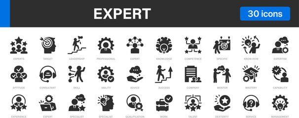 Expert icon collection. Contains icons: Skill, Professional, Specialist, Competence, Specific icons set.