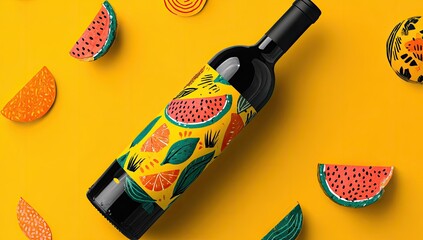 Wine bottle with a vibrant, hand-drawn watermelon and citrus fruit pattern on a bright yellow background. Slices of watermelon and citrus are scattered around the bottle