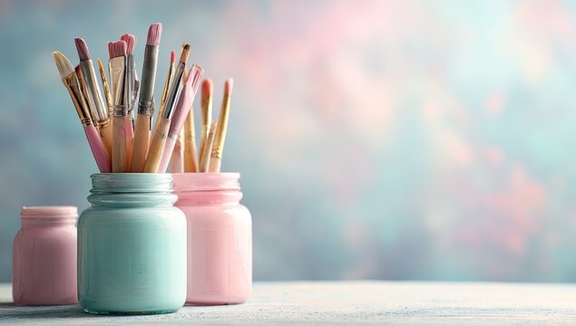 Pastel-colored jars hold a collection of paintbrushes - Powered by Adobe