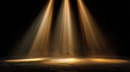 Three spotlight beams illuminate a dark stage floor