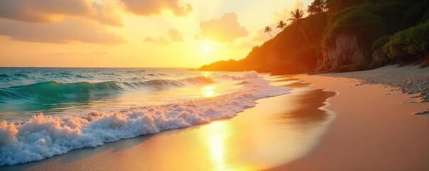 Golden Hour Beach Serene Waves and Warm Sunlight on Pristine Sand, Perfect for Summer Vacation and Travel Photography