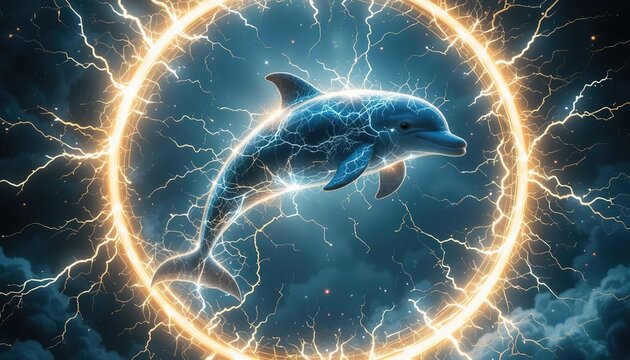 A dolphin, pulsating with electrical energy, leaps through a glowing ring of sunlight made up of crackling lightning and arcs, radiating a mesmerizing glow. Its image is outlined in vivid shadows