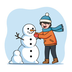 Boy Building a Snowman Outdoors