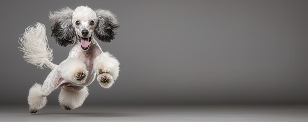 A playful dog leaps joyfully, showcasing its fluffy coat and energetic spirit against a neutral background.