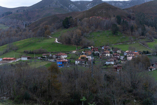 Benia de on&iacute;s village sitting in the asturian hills of northern spain