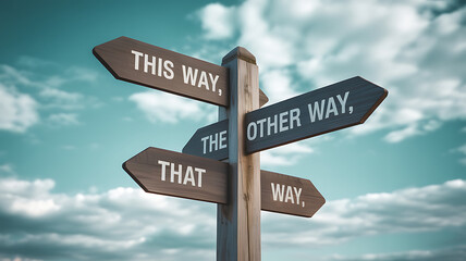 Fototapeta premium Wooden signpost with multiple directional arrows pointing towards different paths under a cloudy sky illustration