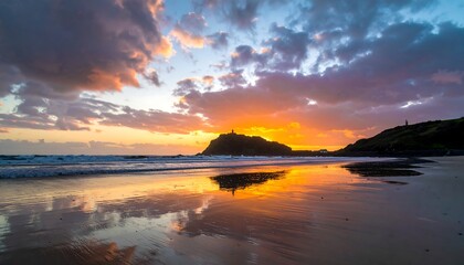 Vibrant sunset over ocean, reflecting on wet sand; hill silhouetted against fiery sky