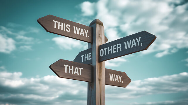 Wooden signpost with multiple directional arrows pointing towards different paths under a cloudy sky illustration