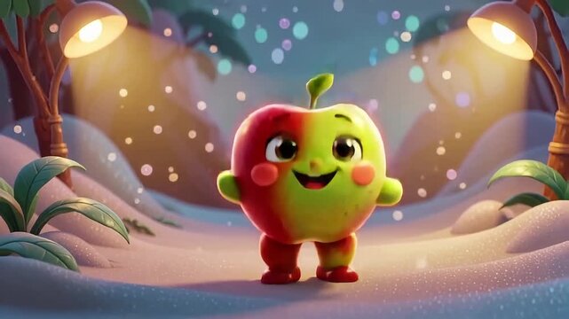 Joyful cartoon apple character standing in a whimsical winter scene with soft lights