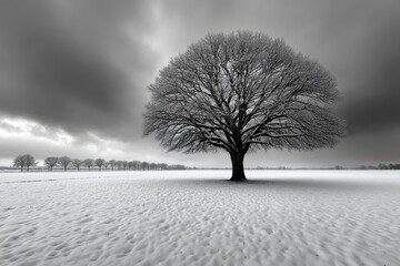 Lone Snow Covered Tree in a Winter Field Black and White