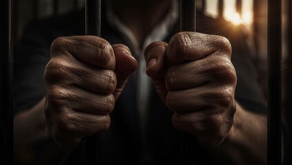 Powerful hands gripping prison bars conveys themes of confinement, injustice, and seeking freedom