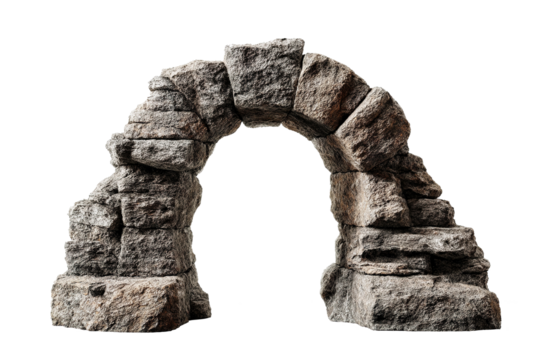 stone arch made of massive gray stone blocks, isolated image of architectural element on transparent background