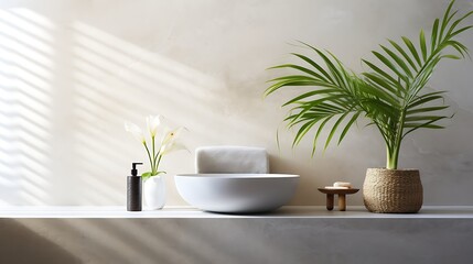 Fototapeta premium A minimalist bathroom design with a large vessel sink, sleek stone counter, tall green snake plants arranged along a light grey textured wall.
