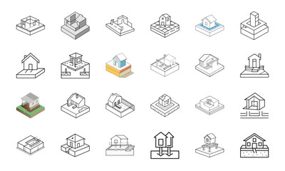 Construction and Building Icons Set – Architecture Tools, Engineering Equipment, Construction Site, Crane, Safety Helmet, Concrete Mixer, Bulldozer, Power Drill, Saw, Hammer, Ruler, Paint Roller, Wood