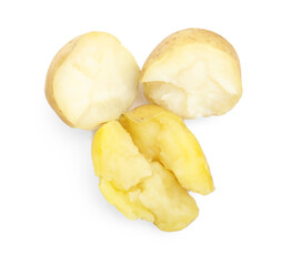 Pieces of young boiled potatoes isolated on white, top view