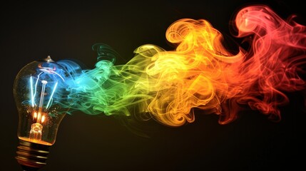 Vibrant smoke patterns gracefully emanate from a radiant light bulb in a dark, atmospheric setting