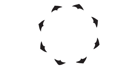 Abstract circular frame of six rotating black wing-like fragments in a minimalist design.