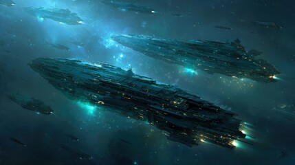 Futuristic Armada - Majestic Spaceships Navigating Through a Nebula, Illuminated by Teal Glow.