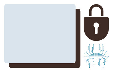 Flat depiction of a digital lock, circuit board, and interface panel representing cybersecurity, online privacy, data protection, secure systems, encryption, digital access and reliability. Great