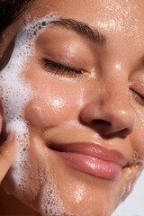 Fototapeta premium Young Woman Washing Face with Gentle Foam in Natural Light