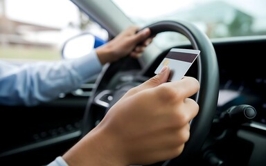 Driver s hands on the steering wheel of a car holding a credit card or access card while driving