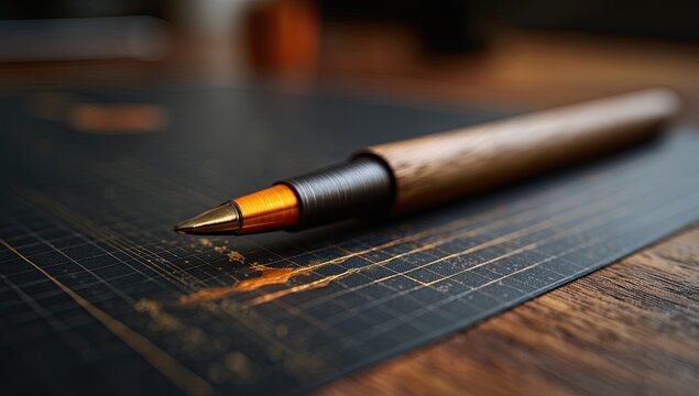 Close-up of a light brown pen on a dark cutting mat - Powered by Adobe